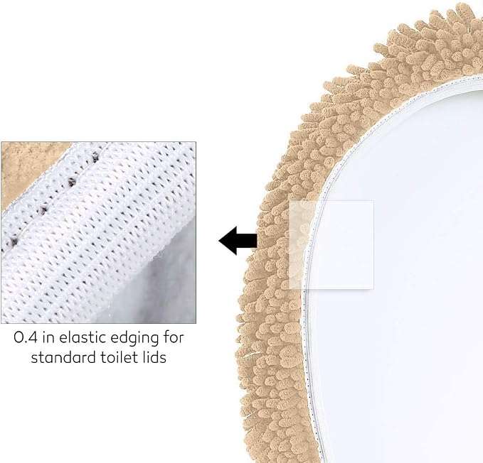 LuxUrux Toilet Lid Cover with Stretch Fit Elastic Band – Chenille Microfiber Toilet Seat Non-Slip Cover for Bathroom – Soft Plush, Machine Wash And Dry, Comfort & Clean Look (18 x 18'', Birch)