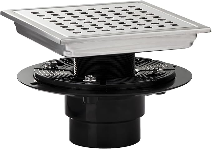 Square Shower Drain, Silver Shower Drain 6 inch with Flange and Removeable Grate Cover, AISI 304 Stainless Steel Shower Floor Drain with Hair Catcher and Flange