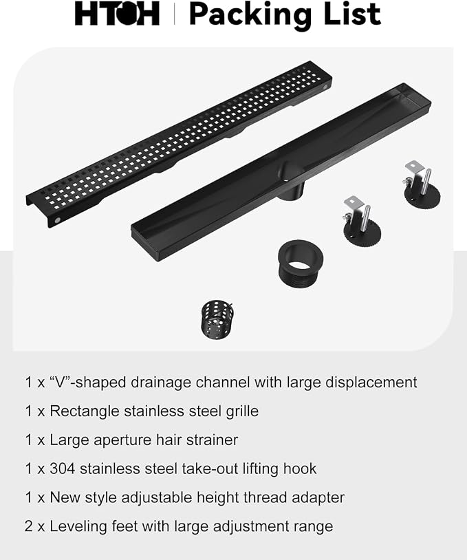 Linear Shower Drain, 54 Inch Black Shower Drain with Removable Square Hole Cover Grate, Modern 304 Stainless Steel Matte Black Shower Floor Drain with Adjustable Feet,Hair Filter