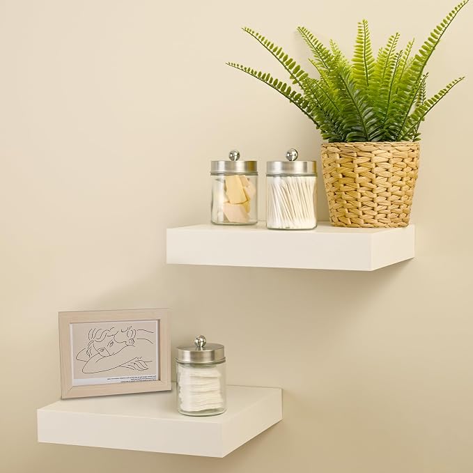 SheeChung 2 Pack Glass Qtip Holder with Brushed Nickel Stainless Steel Lids | Apothecary Jars with Stickers, Modern Farmhouse Bathroom Vanity Organizer for Cotton Swabs, Balls, Pads