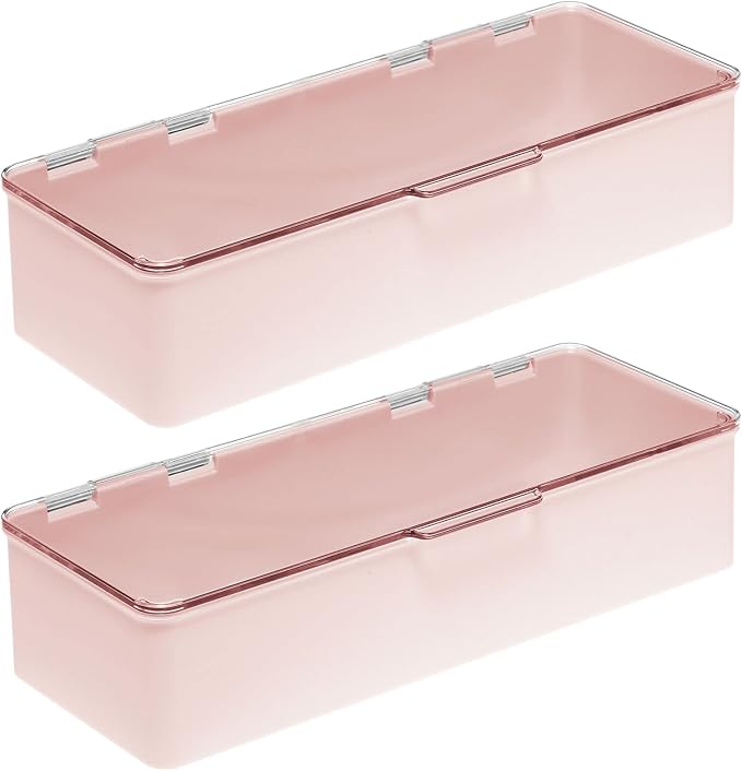 mDesign Long Plastic Cosmetic Storage Organizer Box Containers with Hinged Lid for Bedroom, Bathroom Vanity Shelf or Cabinet, Holds Masks, Palettes, Lotion, or Nail Polish, 2 Pack - Light Pink/Clear