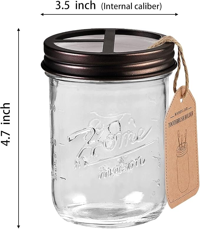 Sheechung Mason Jar Toothbrush Holders, Glass Toothbrush Holders for Bathrooms, Electric Toothbrush Toothpaste Holder Bronze, Bathroom Organizers and Storage, Bathroom Essential, Farmhouse Decor, 2Pcs