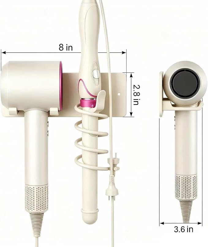2-in-1 Wall Mount Hair Tool Organizer Hair Dryer Holder, White | Universal storage rack for blow dryer and curling iron in bathroom