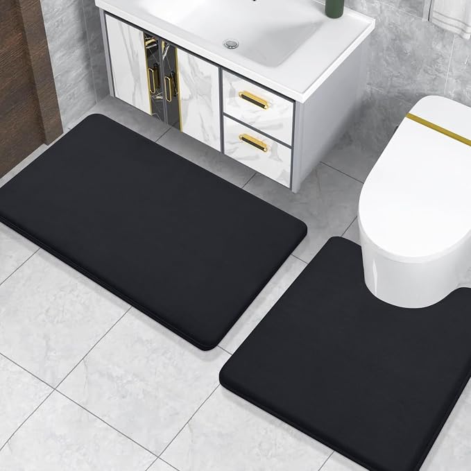 Smiry Memory Foam Toilet Rugs 24x24, Extra Soft Absorbent Bathroom Rugs | Black, Quick Dry Machine Washable Non-Slip Contour Bath Mat for Toilet