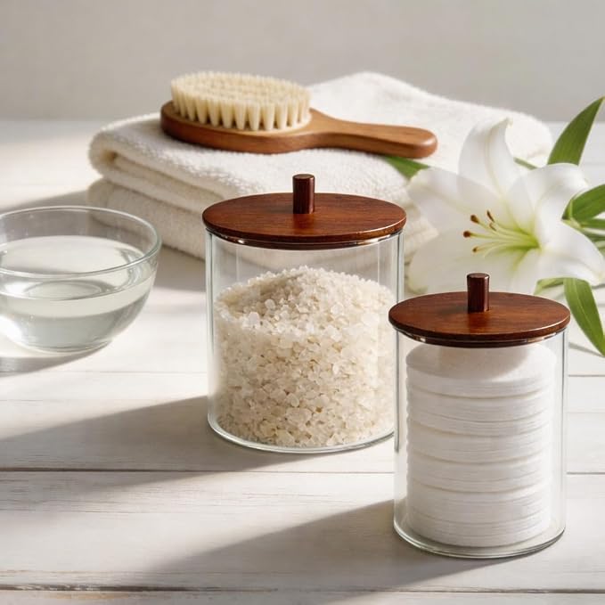 15oz & 10oz Glass Qtip Holder with Acacia Wood Lids, 6 Pack Apothecary Jars | Small Glass Dispenser Jars with Labels, for Cotton Swabs, Cotton Balls, Pads, Floss Picks, Toothpicks, Vanity Organization