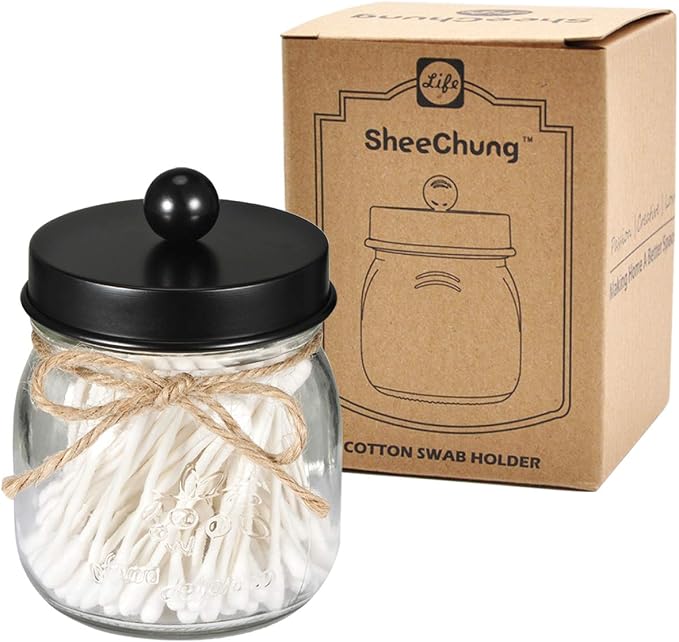 SheeChung Small Glass Mason Jar Qtip Holder with Black Stainless Steel Lid | Clear Apothecary Jar Canisters Set,Bathroom Jar Dispenser,Vanity Storage Organizer for Cotton Swab,Ball,Floss,Farmhouse Decor
