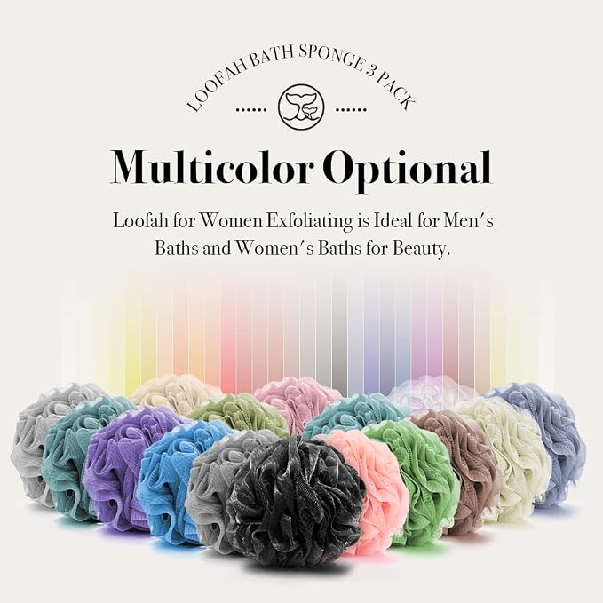 Loofah Sponge Bath Sponge for Women Men 4 Pack (Purple Blue Red Green) | 10X Suds Save Body Wash Double Knotted Anti Tear Core Fast Dry Cotton Loop Stay Fresh Large Mesh for Sensitive Skin