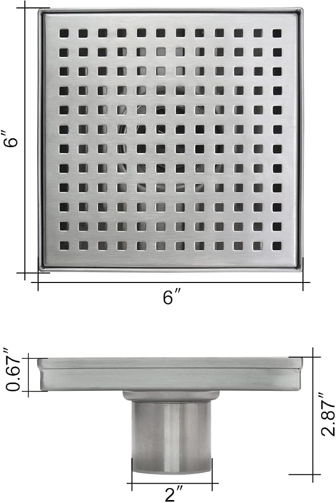 Square Shower Drain, Shower Drain 6 inch with Removable Grate Cover, Corrosion Resistant AISI 304 Stainless Steel Shower Floor Drain with Hair Catcher