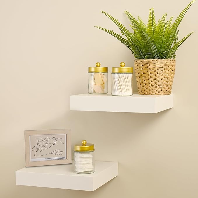 SheeChung 4 Pack Glass Qtip Holder with Gold Stainless Steel Lids | Apothecary Jars with Stickers, Countertop Canister Guest Bathroom Storage Organizer Set for Cotton Swabs/Balls, Floss Picks