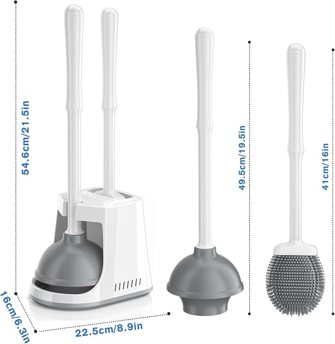 Unique Toilet Plunger and Brush, Silicone Brush and Heavy Duty Toilet Plunger Set with Ventilated Holder, 2-in-1 Toilet Brush and Plunger Combo for Bathroom Cleaning-New Pack (White)