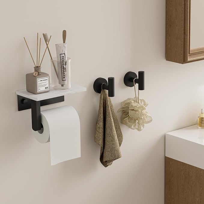 BWE Matte Black Toilet Paper Holder with Marble Shelf, Toilet Paper Roll Holder Wall Mounted, Toilet Paper Roll Holder with Phone Shelf 304 Stainless Steel Tissue Holder for Bathroom Washroom