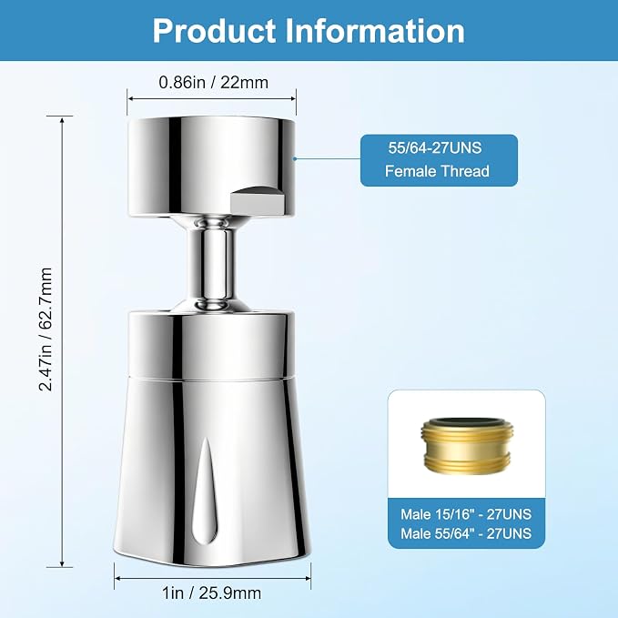 iFealClear Faucet Aerater NSF/ANSI/CAN 372 Certified, 360° Swivel 4 Modes Faucet Sprayer Attachment, 55/64" Big Angle Bathroom & Kitchen Sink Faucet Head, 2 Metal Joints, 15/16" Male Adapter, Chrome