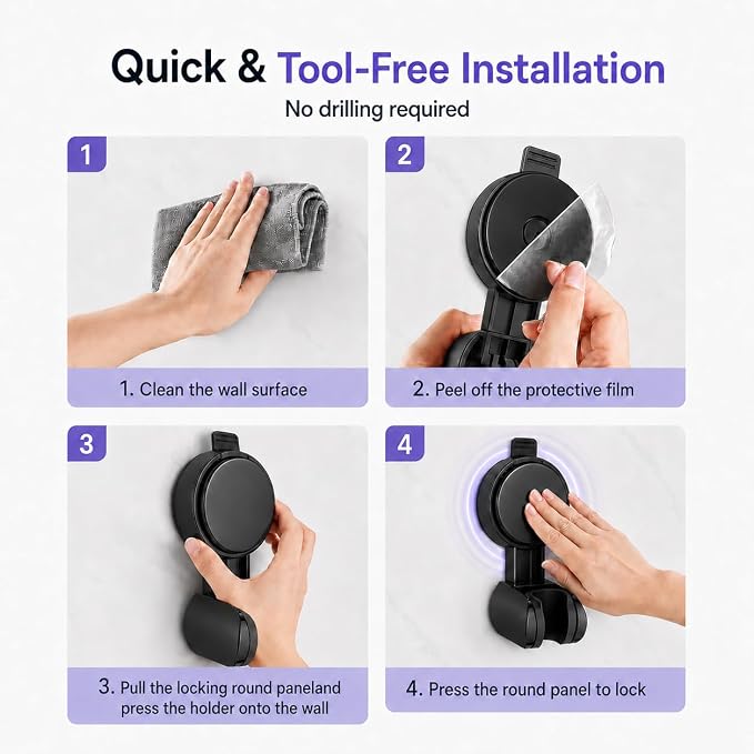 Suction Shower Head Holder, Black Adjustable Handheld Shower Wand Holder for Bathroom Wall, No Drill Vacuum Suction Cup Shower Bracket Removable Shower Holder for Smooth Surface