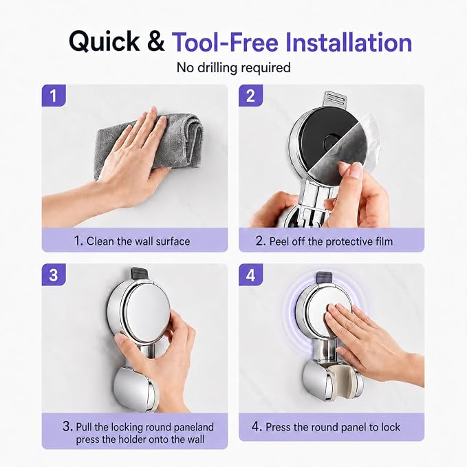 Suction Shower Head Holder, No Drill Handheld Shower Holder Wall Mount Adjustable Shower Wand Bracket with Vacuum Suction Cup Chrome, Removable Shower Head Holder for Smooth Wall