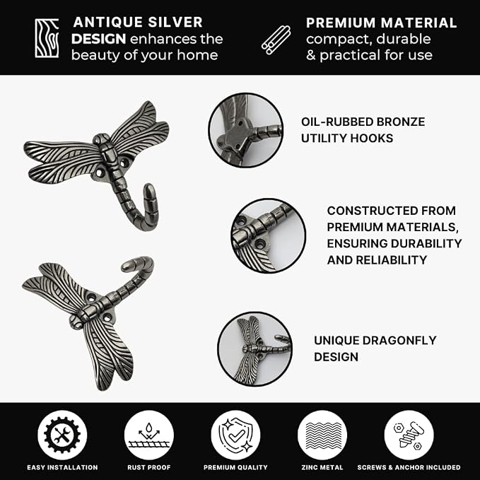 6 pcs Antique Silver Dragonfly Decorative Wall Hooks for Hanging Coats, Keys, Towels, Bags, and More