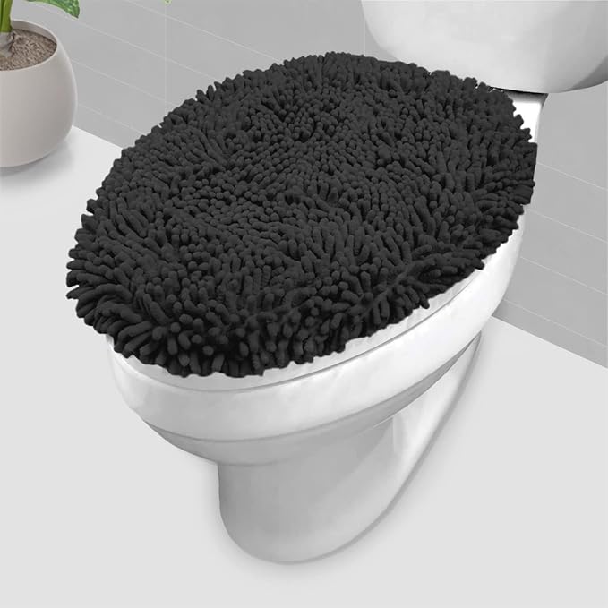 LuxUrux 4-Piece Bathroom Rug Set - Soft Chenille Mats, Non-Slip Toilet Mat & Lid Cover for Comfort & Style (20x20 U, 16x24, 20x30 & 19x19 inches, Black)