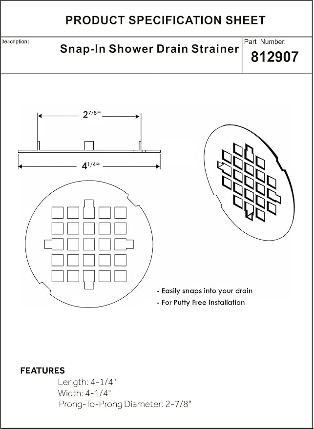 Artiwell 4-1/4” OD Snap-in Shower Drain Cover, Round Shower Drain Strainer Grid, Replacement Cover, Designed for Long-Lasting