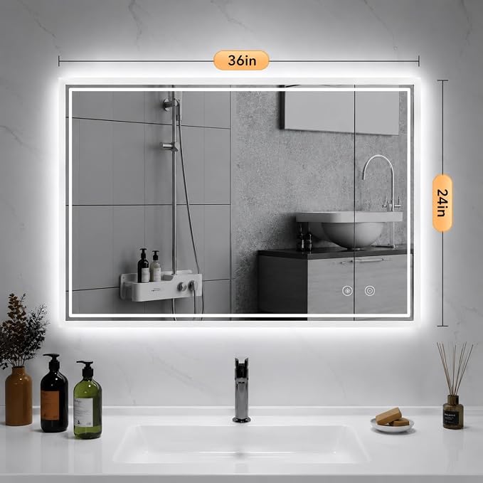 LED Mirror for Bathroom, 24"x36" Lighted Vanity Mirror with Anti-Fog, IP44 Waterproof, 3 Colors Dimmable, Backlit, Memory Function, Touch Control Wall Mount Bathroom Mirror, Horizontal/Vertical