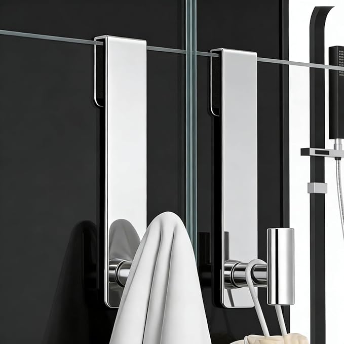 PMMASTO Shower Door Hooks, (7.5 Inch) Extended Towel Hooks for Bathroom Frameless Glass Shower Door, Stainless Steel Heavy Duty Hooks (Polished Silver, T Shape-Fits 3/8" Thick Door)