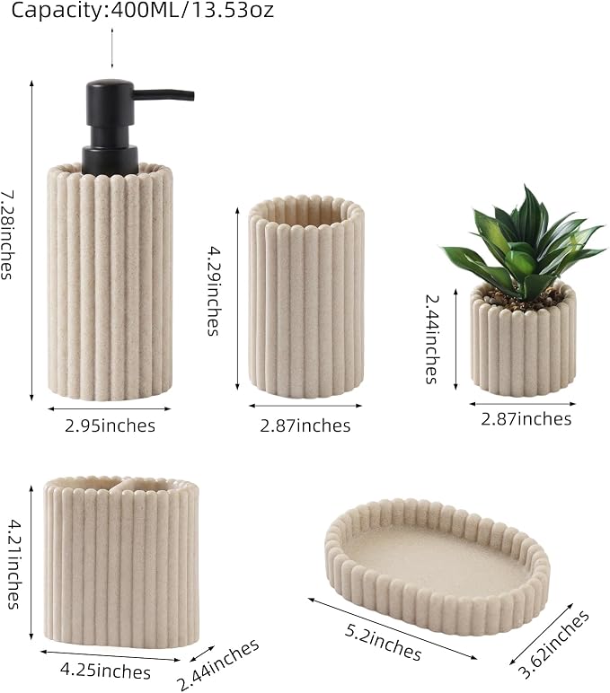 Bathroom Accessories Set,Sandstone Look Beige, Thick Stripe, 5 PCS | Modern, Minimalist, Included 13.5 OZ Soap Dispenser, Toothbrush Holder, Tumbler, Bar Soap Holder, Faux Potted Plant