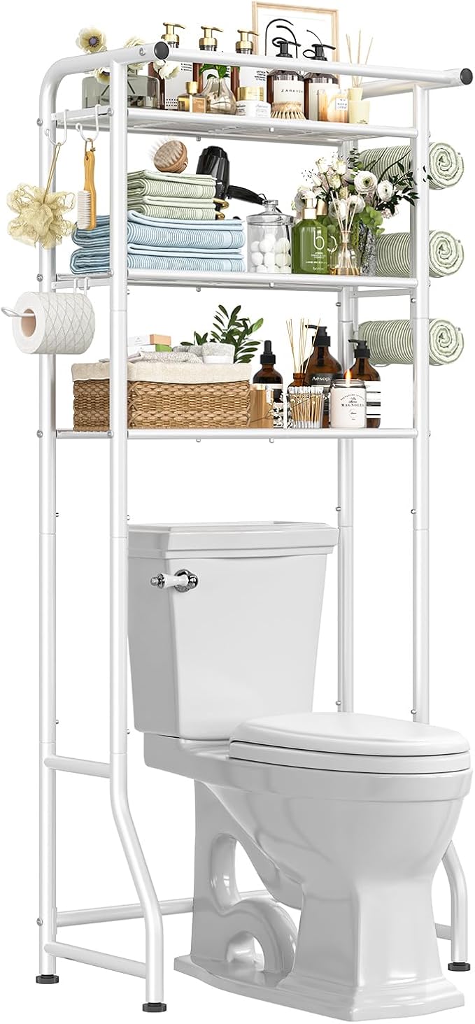 Simple Trending 3 Tier Over The Toilet Storage Rack, Metal Bathroom Shelf, Bathroom Stand Organizer Space Saver with Paper Holder and Hooks, White