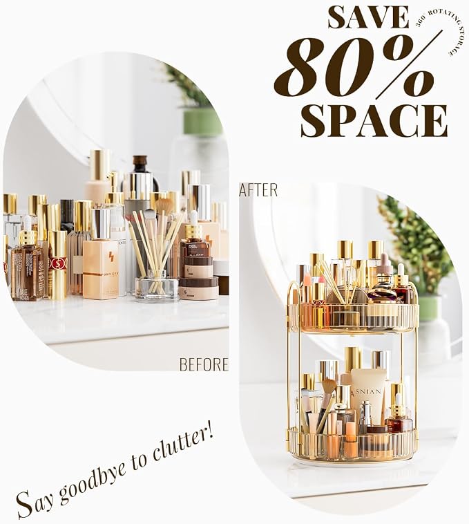 Bathroom Organizer Countertop, Rotating Makeup Organizer for Vanity, 2-Tier Make Up Organizers and Storage, Vanity Tray Shelf for Cosmetic, Skin Care, Lotions (Champagne Gold)