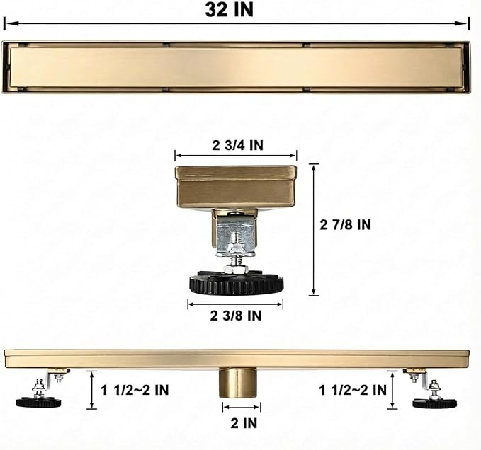 AVSIILE Linear Shower Floor Drain, Brushed Gold 32 Inch 304 Stainless Steel Bathroom Drains Kit, Rectangular Shower Trench Drain with Reversable Tile-in Pattern Drain Cover & Hair Catcher