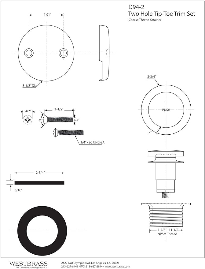 Westbrass Twist & Close Tub Trim Set with Two-Hole Overflow Faceplate, Polished Chrome, D94-2-26