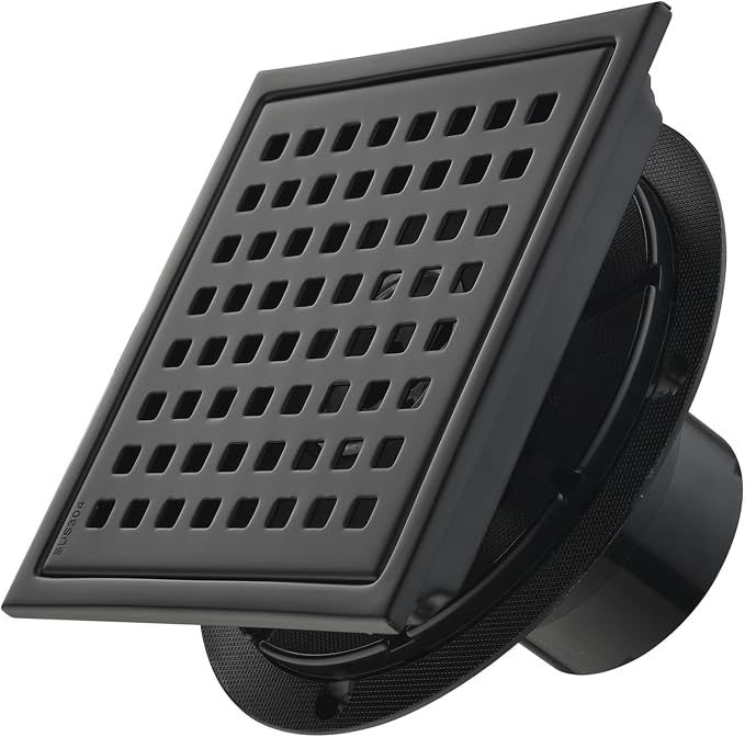 6 Inch Square Shower Drain with Flange,Matte Black,Quadrato Pattern Grate Removable,Food-Grade SUS 304 Stainless Steel,with Hair Strainer