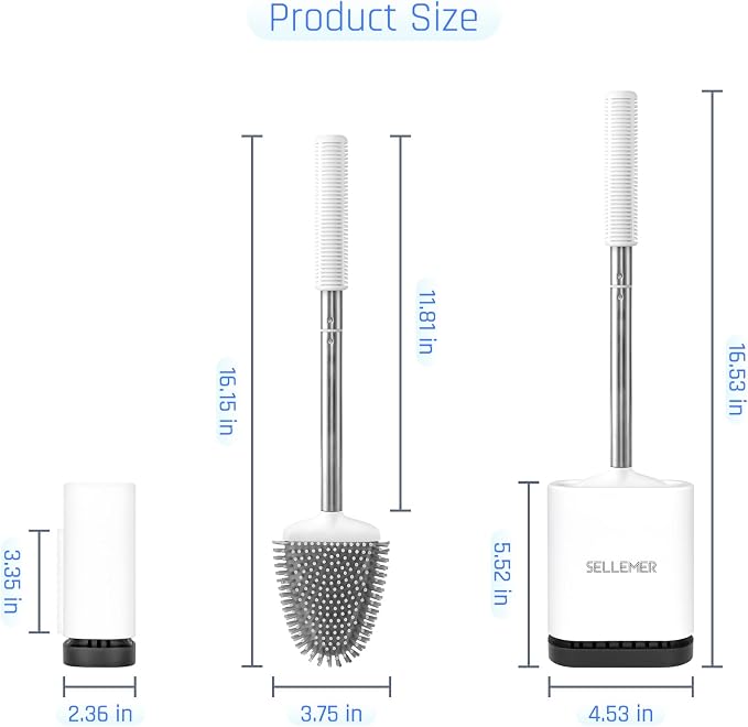 Silicone Toilet Brush, Ventilation Slots Base Holder 3 Pack, White | Flexible Bristles Flat Head for Rim, Hair Tangle-Free, Easy to Clean, Compact Design, Rustproof Handle, for Toilet/Sink/Tub