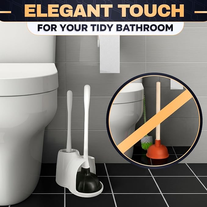 2 in 1 Toilet Plunger and Brush Set White - Toilet Brush and Plunger Set White with Stiff Bristles, Strong Vacuum Suction and Holder - Space-Saving Stand, Fits Most Standard Toilets, 6.4×5.5×17.1 inch