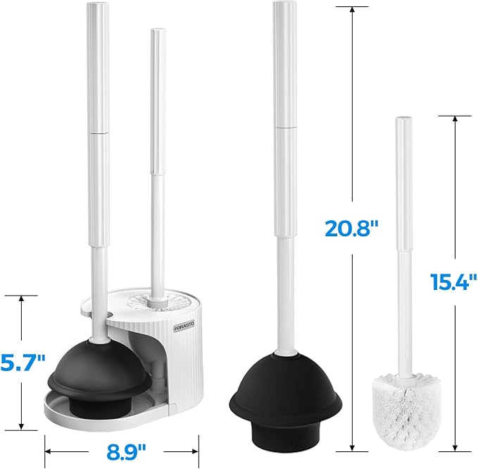 FORASTO 2in1 Toilet Brush & Plunger Set, Bathroom Essentials for Apartment | 21" Extended, Apartment Must Haves, Accessories Decor, Essentials, New Home Storage, Scrubbing Tools, Washing Supplies, White