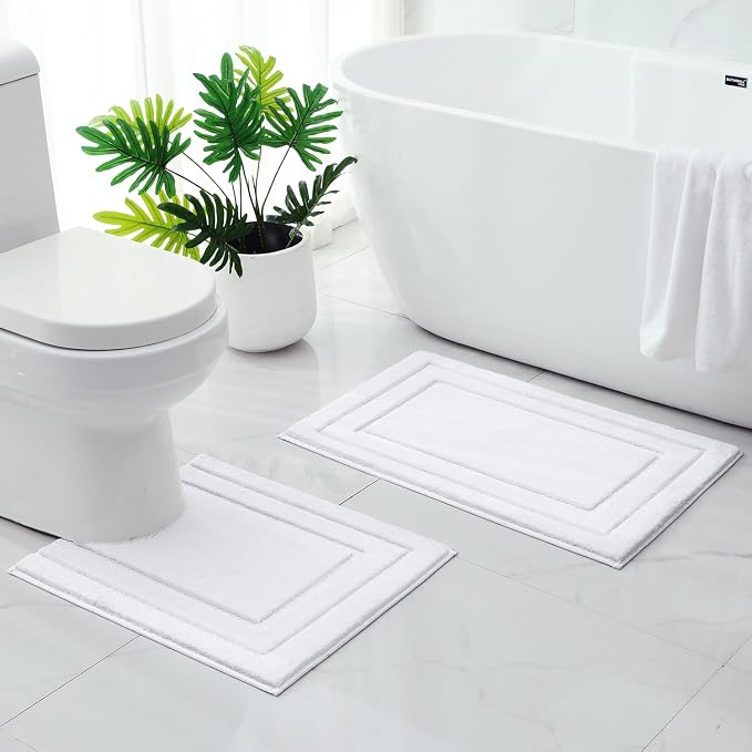 HOMEIDEAS Bathroom Rugs Sets 2 Piece, Super Soft and Absorbent Non Slip Microfiber U-Shaped Toilet Bath Mat Set (20"x32"+U20 x24, White) | Super Soft and Absorbent Non Slip Microfiber Bath Rug,Machine Washable, for Bathroom, 20"x32"+U Shape 20"x24"