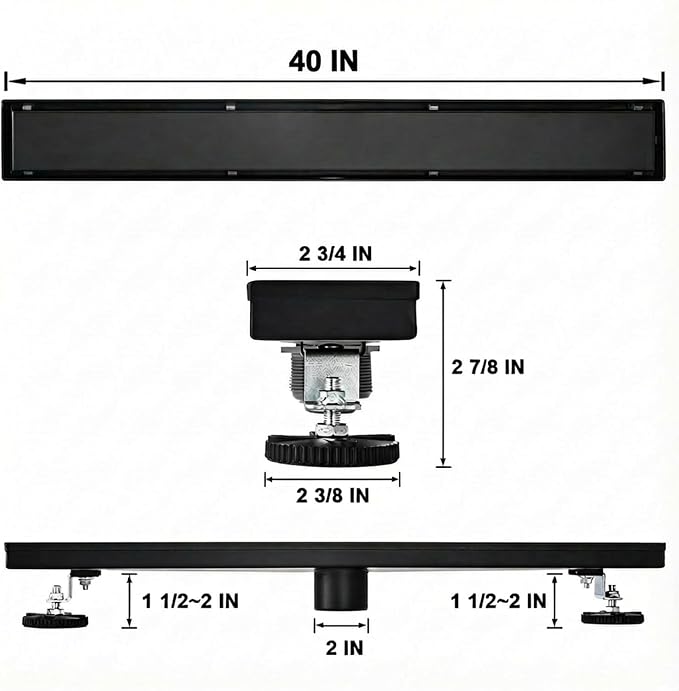AVSIILE Linear Shower Floor Drain, Black 40 Inch 304 Stainless Steel Bathroom Drains Kit, Rectangular Shower Trench Drain with Reversable Tile-in Pattern Drain Cover & Hair Catcher