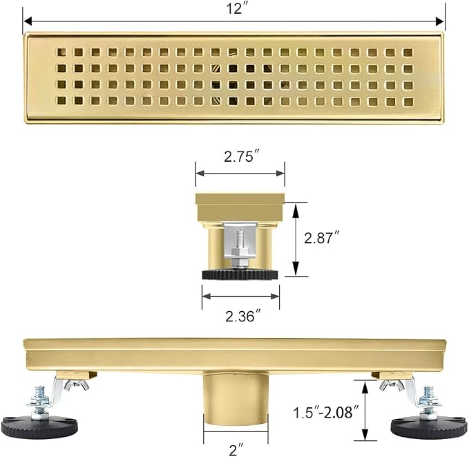 Linear Shower Drain, 12 inch Gold Drain with Removable Grate Cover, Brushed 304 Stainless Steel Shower Floor Drain, Linear Drain with Hair Strainer and Adjustable Feet