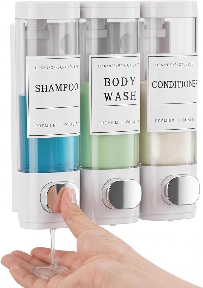Shampoo and Conditioner Dispenser, Shower Soap Dispenser Wall Mounted, Shampoo Dispenser for Shower Wall No Drill, Bathroom Body Wash Dispenser 3 * 350ml White 3 Chamber