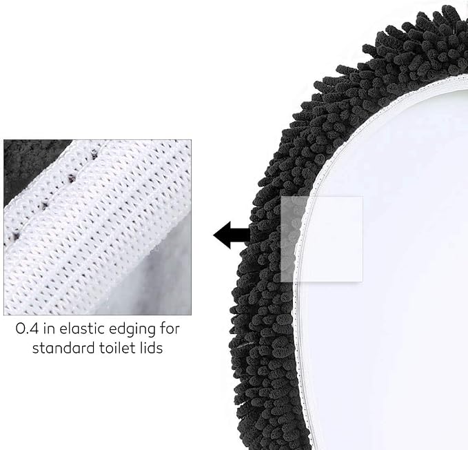 LuxUrux Toilet Lid Cover with Stretch Fit Elastic Band – Chenille Microfiber Toilet Seat Non-Slip Cover for Bathroom – Soft Plush, Machine Wash And Dry, Comfort & Clean Look (18 x 21'', Black)
