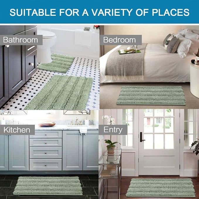 H.VERSAILTEX Bathroom Rugs Bath Rug Set 2 Piece Bathroom Contour Rug Toilet Mat Sets Non Slip Contour Bath Rug Ultra Thick Water Absorbent Striped Bath Mats Washable(36" x 24" Plus 20" x 24" U, Sage)