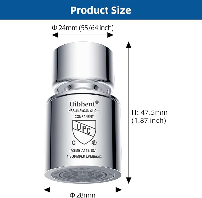 Hibbent NSF/ANSI/CAN 61 Certified Faucet Aerator, CUPC Certification 360° Swivel Kitchen Sink Aerator, Dual-function Sprayer Faucet Head, Faucet Replacement Part 55/64 Inch Female Thread - Chrome