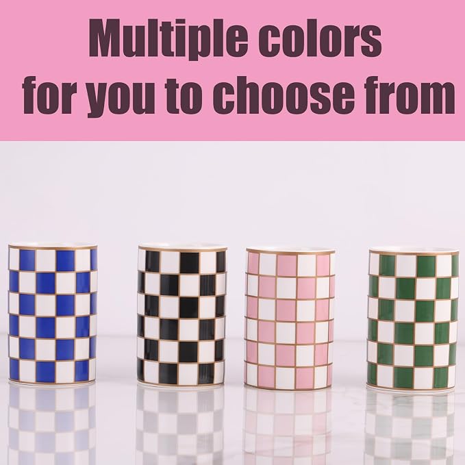 Checkered Bathroom Toothbrush Holder, Bathroom Black and White Ceramic Toothbrush Holder, Modern Toothbrush Box, Used for Bathroom countertop Storage Rack, Checkered Bathroom Decoration (Pink)