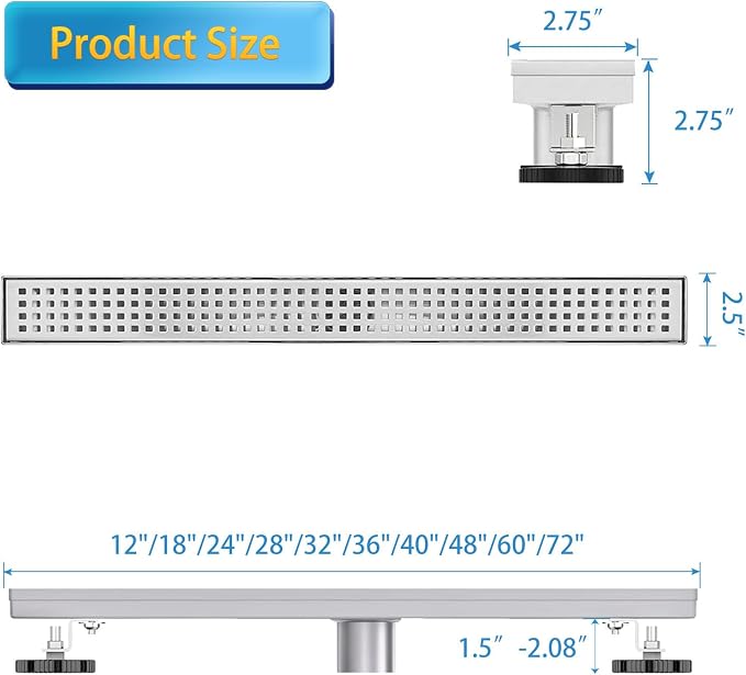 Linear Shower Drain, Shower Drain 48 inch with Removable Grate Cover, Professional AISI 304 Stainless Steel Shower Floor Drain, Shower Drain with Hair Catcher and Leveling Feet
