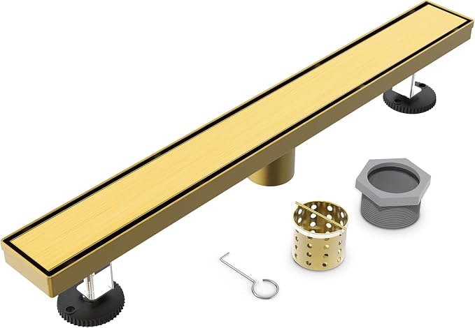 YEFU Gold Linear Shower Drain for Bathroom: 18 Inch Shower Drain with Tile Insert Grate - 304 Stainless Steel Rectangle Linear Drain - 2-in-1 Brushed Gold Shower Floor Drain