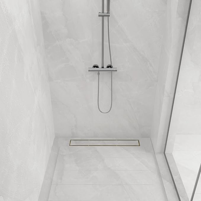 28-Inch Linear Shower Drain with Tile Insert Grate, SUS 304 Stainless Steel Linear Drain, Brushed Gold Long Rectangle Shower Floor Drain with Leveling Feet, Hair Strainer, Fits Bathroom