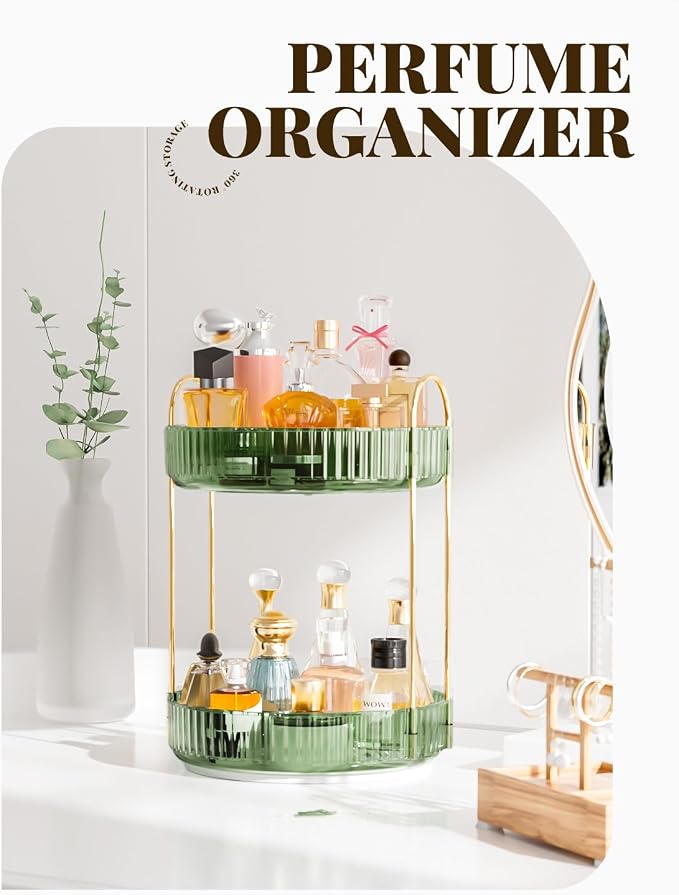 Bathroom Organizer Countertop, Rotating Makeup Organizer for Vanity, Clear Under Sink Organizers, Vanity Tray Shelf for Cosmetic, Skin Care, Perfume (Green, 2 Tier)