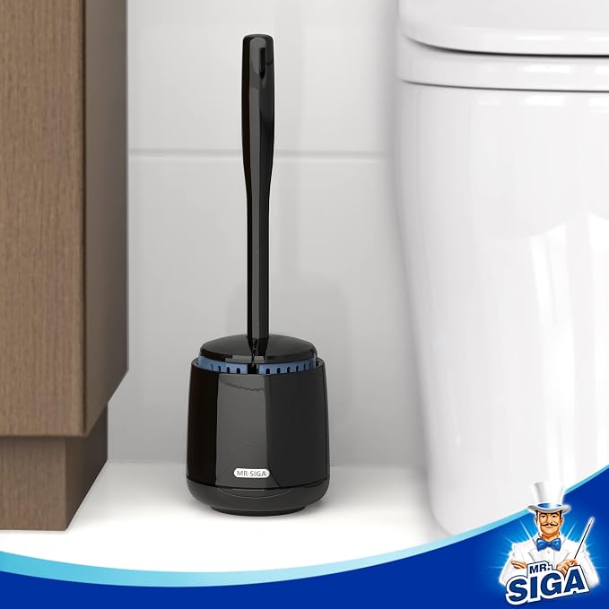 MR.SIGA Toilet Bowl Brush and Holder, Sturdy Long Handle, Black, 1 Pack | Automatic lid design, upgraded ventilation, replaceable toilet brush head dries quickly