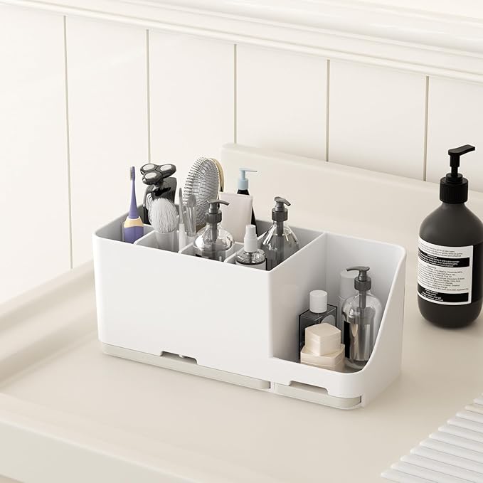 Bathroom Countertop Organizer with Water Absorbent Diatomite,8 Slots Bathroom Toothbrush Holder with Adjustable Dividers,Bathroom Sink Organizer Countertop (White)