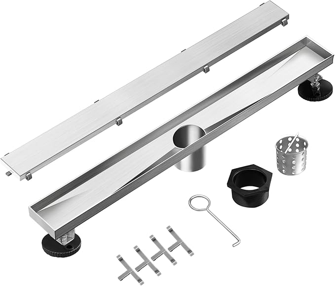 Linear Shower Drain, 24 inch Drain with Tile Insert 2-in-1 Panel, Brushed 304 Stainless Steel Shower Floor Drain, Linear Drain with Hair Strainer and Adjustable Feet