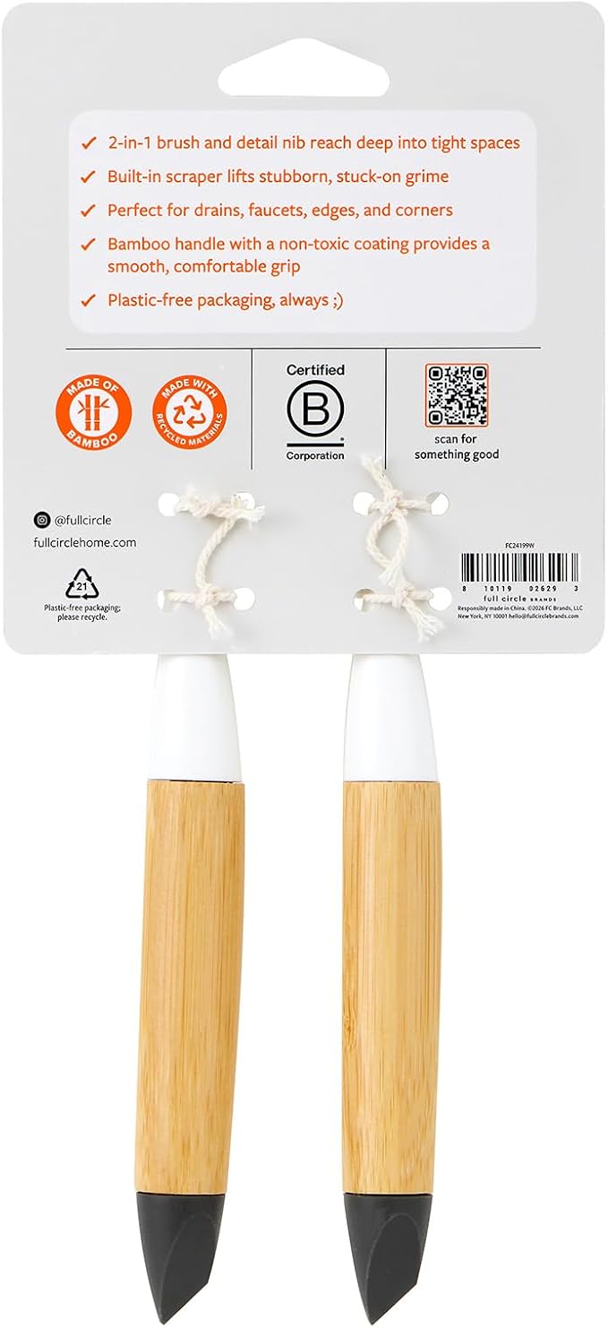 Full Circle The Every-Crevice Detail Brush, Deep Cleaning Brush for Crevices, Shower, & Grout, Tough Bristles, Sustainable Bamboo Handle, 2-Pack
