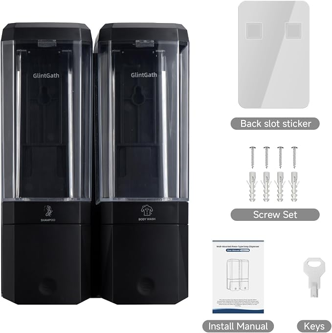 Shampoo and Conditioner Dispenser,GlintGath Shower Dispenser 2 Chamber No Drill Shampoo Dispenser for Shower Wall Mounted Shower Soap Dispenser for Bathroom Hotel,Large Capacity 2 * 500ML,Black