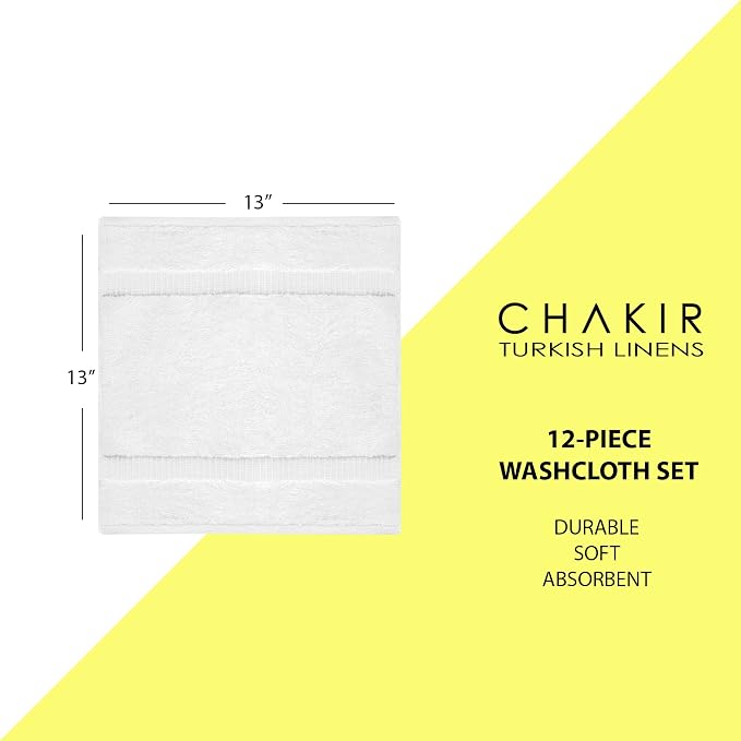 Chakir Turkish Linens | Hotel & Spa Quality 100% Cotton Premium Turkish Towels | Soft & Absorbent (12-Piece Washcloths, White) | 100% cotton washcloths, 12-pack 13x13, OEKO-TEX certified, soft absorbent face towels